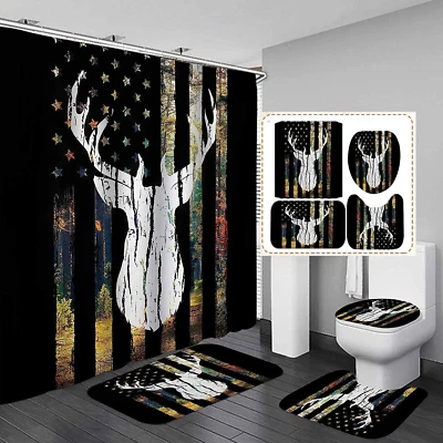 Juegos de baño de ciervos bandera americana negra bosque camuflaje. Foto 1 de 3