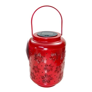 9" Evergreen Red Metal Cylinder Lantern Poinsettia Solar Powered Christmas Lamp - Picture 1 of 7