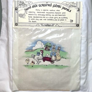 Vintage Hand Silk-Screened Fabric Panel #108 Nina Shaffer Hen Chicks & Rabbits - Picture 1 of 12