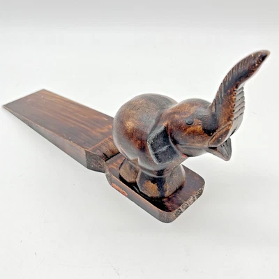 Hand Carved Elephant Figural Wooden Wedge Door Stop Vintage - Image 1 of 4