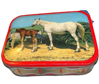 Vintage Edward Sharp Tin, White Horse & Brown Foal In Farm Scene, circa 1950s - Image 1 of 4