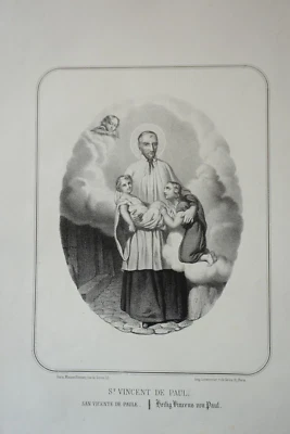 GRANDE LITHO XIX° PORTRAIT ALLEGORIE SAINT VINCENT DE PAUL LANDES RELIGION DIEU - Photo 1/4