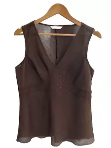 BHS Women's Brown Sleeveless Embroidered Plunge 100% Front Linen Top Size 14 NEW - Picture 1 of 12