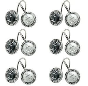 Nautical Black&White Anchor Shower Curtain Hooks - New - 12 Shower Curtain Rings - Picture 1 of 7