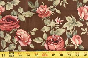 By 1/2 Yd, Large Pink & Green Floral on Brown Quilt Cotton, Hoffman P8570