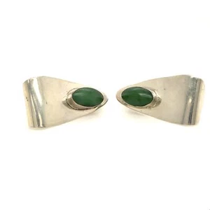Vintage Signed Sterling Retro Modernist Bezel Nephrite Jade Stone Stud Earrings - Picture 1 of 7