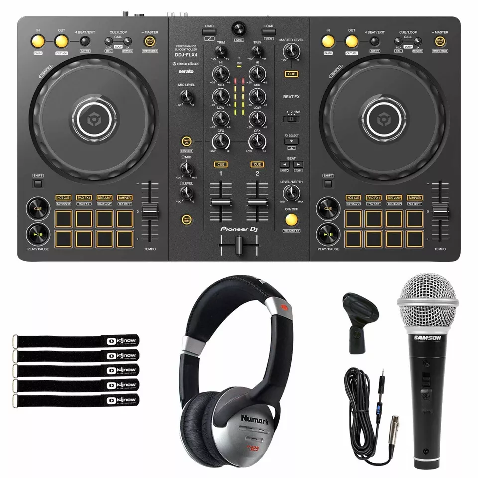 Pioneer DDJ-FLX4 2-Channel Serato Lite Rekordbox DJ Controller, Headphones & Mic