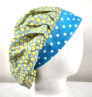 Bouffant Scrub Cap Chemo Hat Chef Handmade Cotton Polka Dots Blue 23.5” to 33.5” - Image 1 of 4
