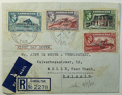 1953 Gibraltar FDC New Constitution Overprint Registered Airmail Cover - Belgium Foto 1 de 2