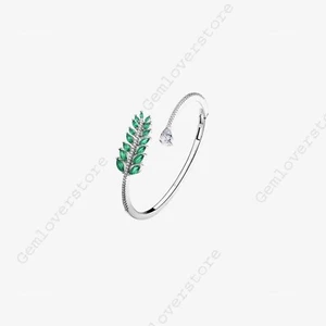 925 Sterling Silver 2x1 mm Marquise Cut Lab Created Green Emerald Bracelet - Picture 1 of 4