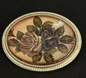 Vtg Art Cabochon Brooch Rose Flowers Earthtoned Colors Pin Stained Glass Effect - Picture 1 of 7