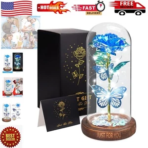 Handmade LED Rose in Glass Dome with Butterflies - Birthday Gifts for Women - Picture 1 of 9