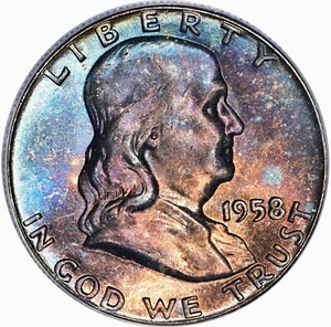 1958-P Franklin Half Dollar PCGS MS65 Toned Blue Red Fire and Ice Dual Sided - Picture 1 of 4
