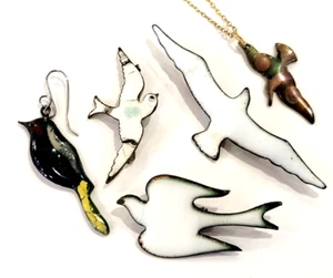 VTG Lot Birds Enamel on Copper Mid Century Pendant Necklace Brooch Earring - Picture 1 of 2