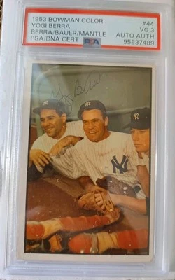 Bowman Color #44 1953 Yogin Berra Bauer Mantle PSA 3 en muy buena condición con auténtico automático POP 4 4^ Foto 1 de 4