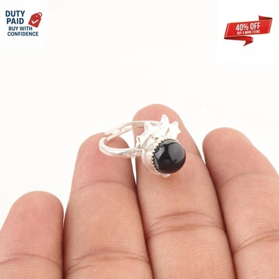 Genuine Black Tourmaline Sterling Silver Dainty Daughter Band Fine Ring Jewelry - Image 1 of 4