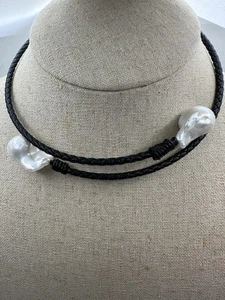 Black Leather Cord Baroque Pearl Wire Necklace Adjustable  - Picture 1 of 7