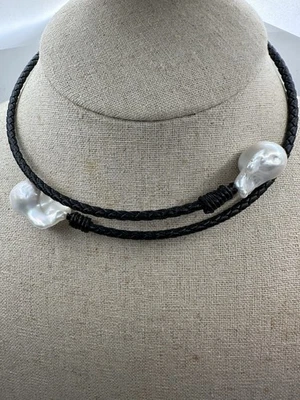 Black Leather Cord Baroque Pearl Wire Necklace Adjustable  - Image 1 of 4
