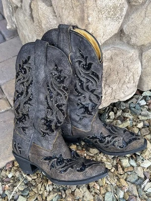 CORRAL Black Inlay Sequin Grey Cowboy Boots 7 pre owned - Image 1 of 4