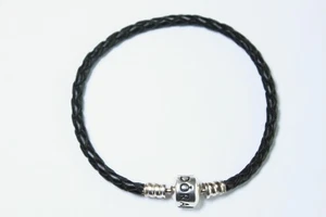 Genuine Pandora Sterling Silver & Black Leather Braided Bracelet - 18cm - Picture 1 of 2