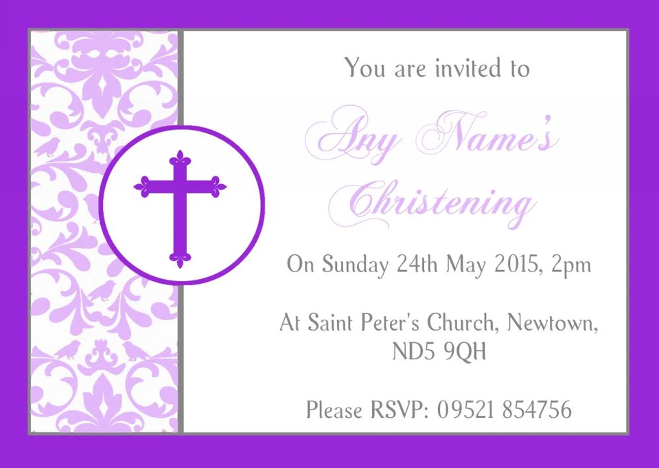 Purple Princess Crown White Christening Party Personalised Invitations - Image 1 of 1
