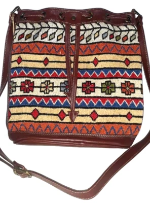 HandMade Kilim Leather Wool Silk Shoulder Cross Bag Turkish Bag Bohemian 13 x 13 - Image 1 of 4