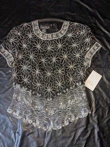 Laurence Kazar Beaded Blouse Silk Size Medium Floral Short Sleeve Evening Wear - Picture 1 of 12