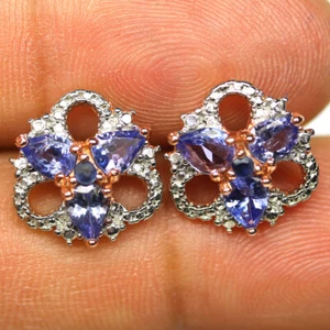 925 Plata Ley Azul Tanzanita, Zafiro & Circonita Pendientes Minimolist - Imagen 1 de 4