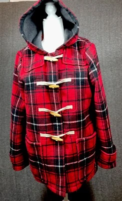 GAP Womens Duffle Coat Red Plaid Wool Blend Toggles Full Zipper Adj Hood XL - Image 1 of 4
