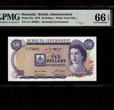 Bermuda 10 Dollars 1970 P-25a * PMG Gem Unc 66 EPQ * Queen Elizabeth * - Image 1 of 2