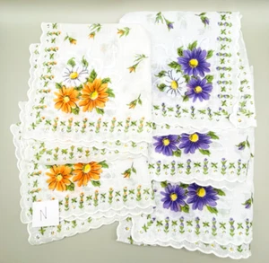 Vintage Flowered Cotton Handkerchiefs Orange Purple Set of 5 N - Picture 1 of 7