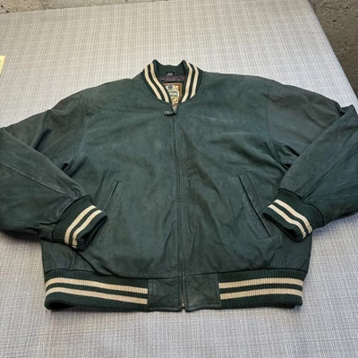Vintage Suede Bomber Jacket size 46 Green Varsity Quilted Lining 90s Y2K * - Image 1 of 4