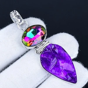 Purple Titanium Druzy 925 Silver Plated Handmade Pendant of 2.56" - Picture 1 of 3