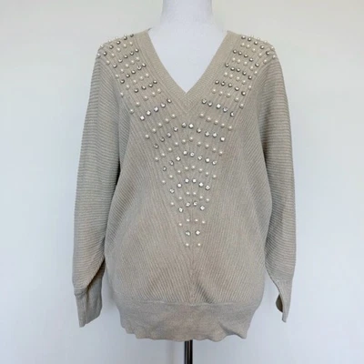 Suéter Adornado New York and Company Para Mujer Talla Grande Beige Tostado Vacaciones Foto 1 de 4