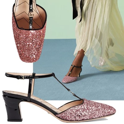 GUCCI SHOES T-STRAP PINK GLITTER SLINGBACK PUMPS w DOUBLE G LOGO $980 39.5 9.5 - Image 1 of 4
