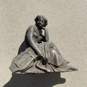 Vintage Art Nouveau Statue Lady Lyre Harp Cast Metal Sculpture Clock Topper - Picture 1 of 6