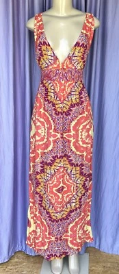 Maxi Vestido AQUA Ikat Estampado Púrpura/Amarillo/Naranja Sin Mangas Rayón Talla M Usado en Excelente Condición Foto 1 de 4