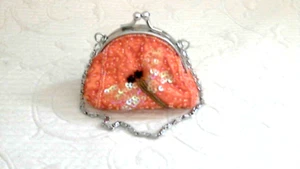 Small Orange Beaded DragonFly Coin Purse 3.5"x3.5" Kiss Clasp 5" Chn Drop LSatin - Picture 1 of 4