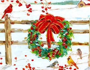 SET OF 4 Caspari Cardinal Christmas Cards GORGEOUS Wreath Berries Birds Lot - Picture 1 of 6