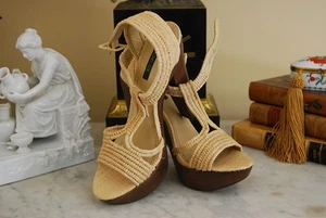 RACHEL ZOE NATURAL WOOD & STRAW BEIGE HIGH HEEL PLATFORM SANDALS NWOB SIZE 6 M - Picture 1 of 12