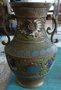ANTIQUE CHINESE CHAMPLEVE CLOISONNE PHONIX & LOTUS VASE & DRAGON CHILONGS - Picture 1 of 12