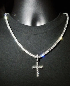 14k Gold Plated Tennis Chain Cross Pendant CZ Choker Necklace ICED Jewelry 4MM - Picture 1 of 12