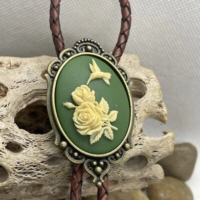 Green Hummingbird Cameo Church Bolo Tie Lariat Wedding gift birthday Bronze new - Image 1 of 4