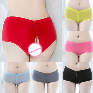 Alluring Glossy Oil Shiny Panties Women Zip Open Crotch Thong Brief See Through - Picture 1 of 25