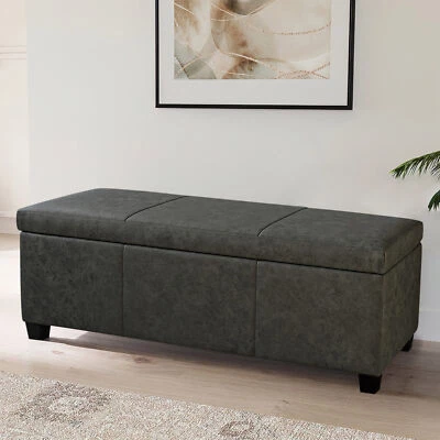 47" Elegant Rustic Gray Faux Leather Storage Ottoman Bench Footrest w/ Flat Top - Image 1 of 4