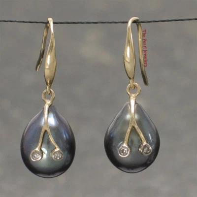 14k Yellow Gold Diamond & Black Pearl Hooks - Image 1 of 2