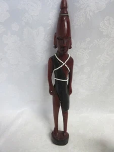 Vintage African 16.5" Tall Hand Carved Wooden Figurine Wearing Beads - Picture 1 of 11