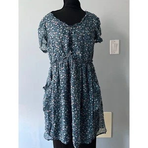 Zara teal green blue floral fringe trim neckline button front fit flare dress S - Picture 1 of 9