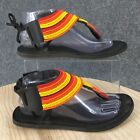 African Sandals Womens 40 Thong Orange Black Leather Beaded Toe-Post Flats 