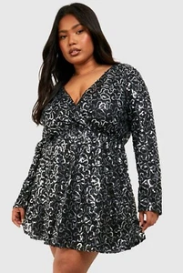 New w Tags Skater Sequins Dress Size 16 Grey Silver Boohoo Quite Generous - Picture 1 of 2